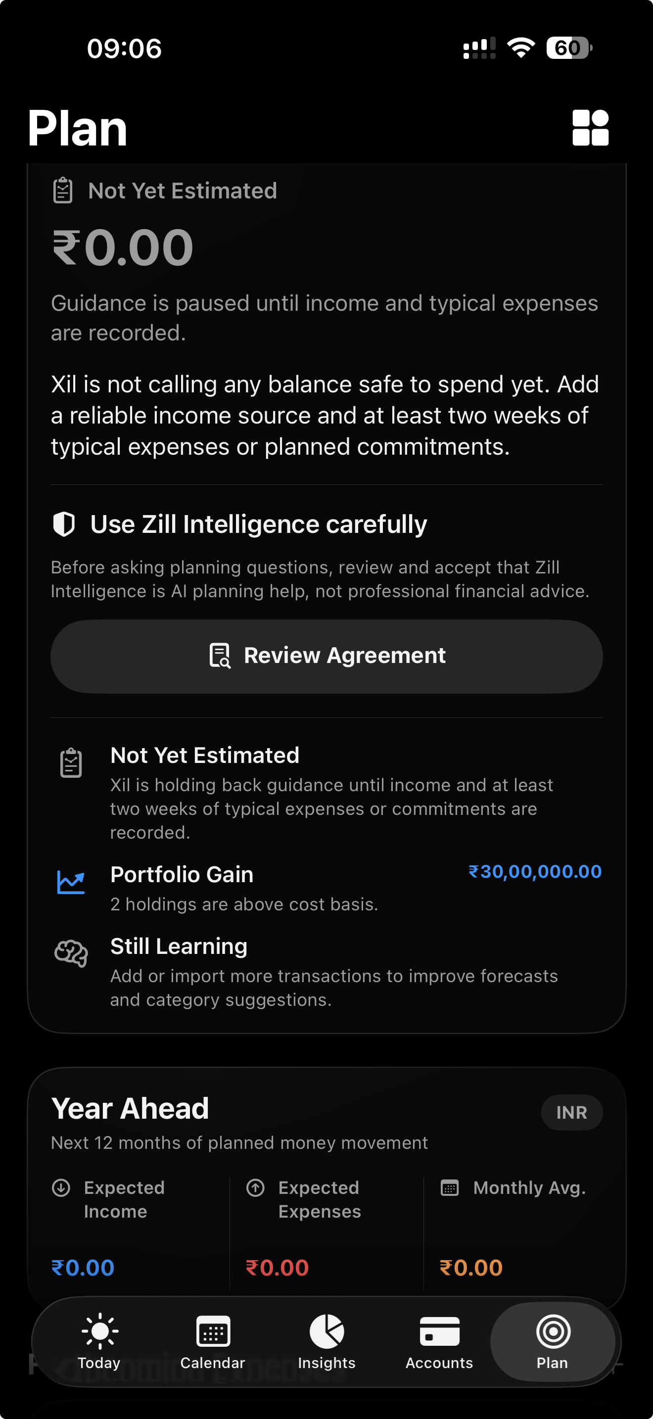 Xil Plan screen showing careful financial guidance and year-ahead planning